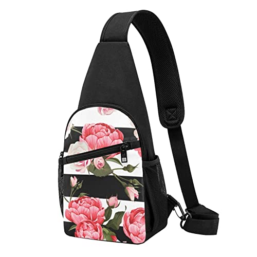 Schwarz Weiß Gestreift Blumen Casual Eine Schulter Kreuz Körper Brust Tasche Brieftasche Telefon Tasche Männer Crossbody Tasche Reise Walking Taille Tasche, Schwarz , Einheitsgröße von ADFSHIDS