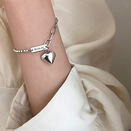ADGJL Sterling Silber Armbänder Für Damen,Einfachheit 925 Massives Silber Armband Verstellbar Handgemachte Glück Armreif Poliert Herz Anhänger Schmuck Für Freund Geburtstag Dame Paar Geschenk von ADGJL