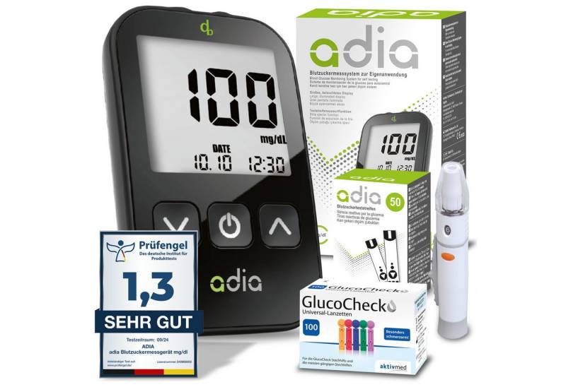 ADIA Blutzuckermessgerät adia, Starter-Set, Set mit 60 Streifen und Lanzetten von ADIA