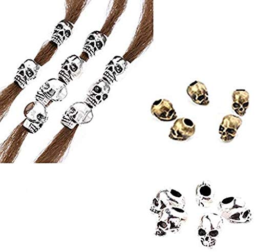 ADIASEN 10 Stück Vintage Charm Totenkopf Perle Zopf Haar Ring für Frauen Mädchen Pferdeschwanz Halter Haarschmuck Männer Bart (Silber) von ADIASEN