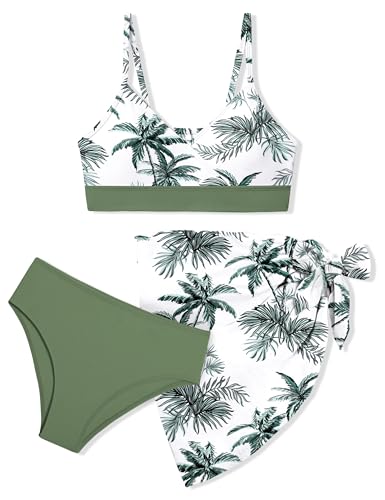 ADIFUN Mädchen-Badeanzug, V-Ausschnitt, verstellbare Träger, stilvoller Bikini mit Überzug, 3-teiliges Set, Badeanzüge für Teenager-Mädchen, Grüne Handfläche, 7-8 Jahre von ADIFUN