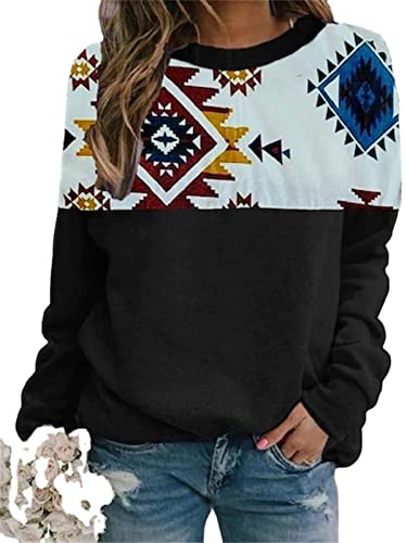 Frauen Casual Langarm Pullover Vintage Ethnic Style Printed Rundhalsausschnitt T-Shirts Top Western Aztec Graphic Sweatshirts Top von ADITIRCP