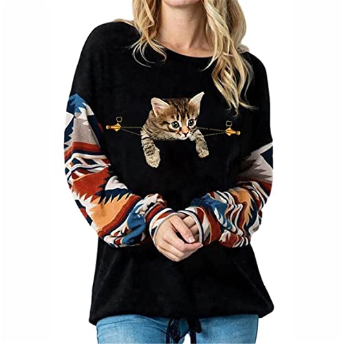 Frauen Rundhalsausschnitt Langarm Tops 3D-T-Shirt mit Katzenmotiv Niedliche Katze Muster Pullover Sweatshirt von ADITIRCP