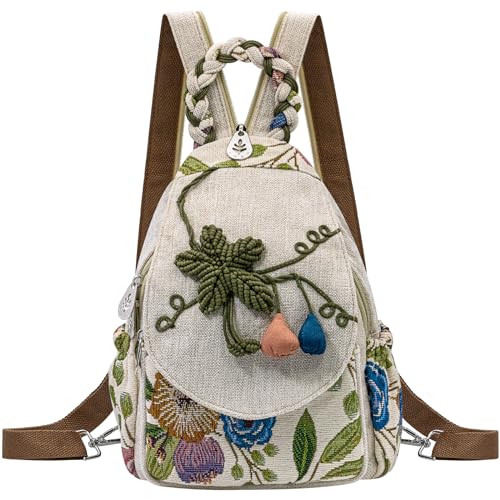 ADKALIV Kleiner Rucksack Geldbörse für Frauen, handgewebte Pflanzen-Schultertasche für Frauen, Mini-Hippie-Boho-süßer Sling Rucksack für Frauen, Grün, Grau, Off-White, Lila von ADKALIV