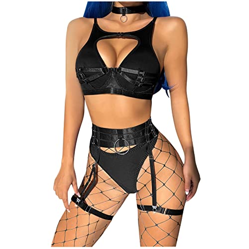 2023 New y/2k Stil Dessous Frauen Sexy Mesh Elastisch Gürtel Halber Strumpfband Überbrust Oberteil und Höschen Dreiteilige mit Stahlring Kleidung Unterwäsche, Schwarz, 46 von ADMAY