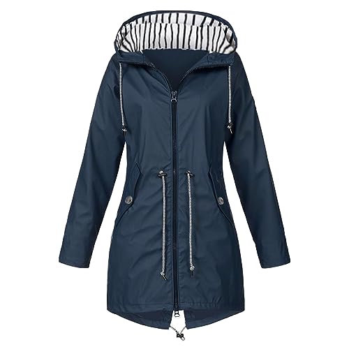 ADMAY 2024 Neu- Stil- Damen Regenjacke Mit Kapuze Leichte Langarm Windbreaker Reißverschluss Up Kordelzug Regenmantel Mit Taschen Damen Sommer Regenjacke, dunkelblau, 54 von ADMAY