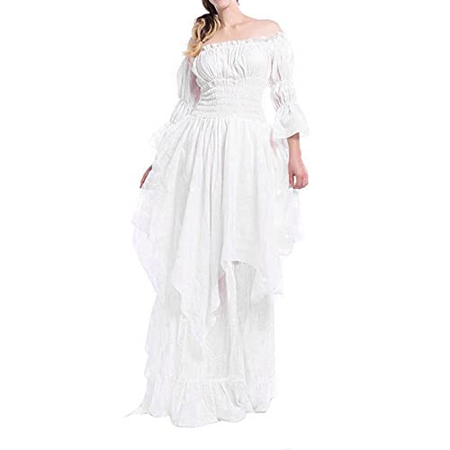 ADMAY Damenkleid, Boheme, schick, Sommer, sexy, Strand, hohes Kleid, niedrig, für Damen, Puffärmel, schulterfrei, Rüschen, Mittelalter-Kostüm für Damen, Kleid, Cosplay, langes Kleid aus Baumwolle, von ADMAY