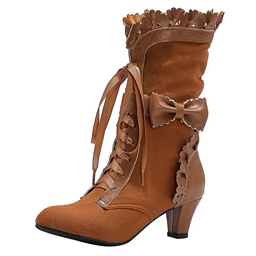 ADMAY Warm und bequem Winter 2023 Y20K Frauen Schuhe Plus Size Spitze Bogen Schnürung Ferse vorne Kurze Stiefel Frauen Plus Größe Primadonna Stiefel, braun, 39 EU von ADMAY