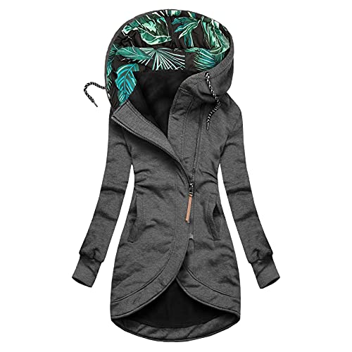 ADMAY Warme und bequeme Winter 2023 Y2*K Solide Jacke für Frauen mittlerer Länge Bedrucktes Futter Kapuzenmantel Kordelzug Slim Outwear mit Taschen Schals, dunkelgrau, XXL von ADMAY