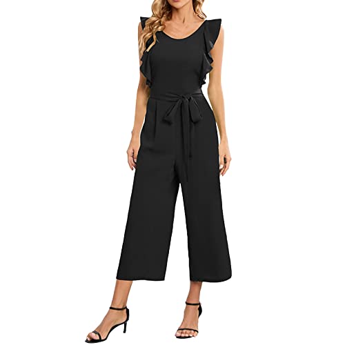 Einteilige Strampler Damen Jumpsuit Neue Casual Spitze Ärmellose Rüschen Spitze Jumpsuit Einfarbig Frauen Mittlere Länge Gerade Hosen Jumpsuits Elegant Zweiteilig, Schwarz , XXL von ADMAY
