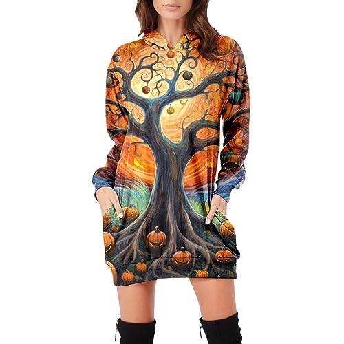 Piraten Halloween Kostüm Damen Teufel Hexenkostüm Bequemes Halloween-Kleid für Damen, Vintage-Druck-Kleid, langärmliges Kapuzenpullover, langärmliges Midi-Kleid mit Sommerkleider Maxi (Orange, XL) von ADMAY