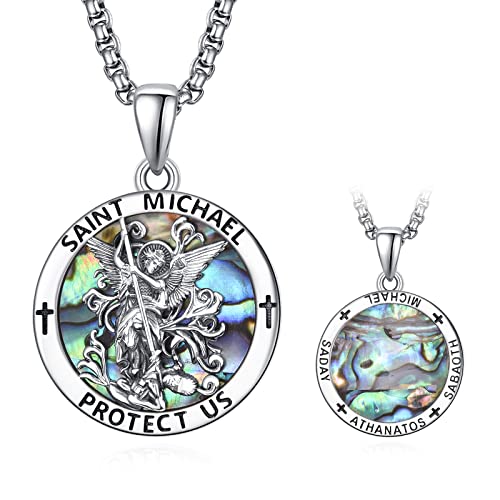 ADMETUS Abalone Schale Heiliger Michael Kette Sterling Silber St Michael Kette Saint Michael Anhänge Erzengel Michael Halskette Rund Amulett Schmuck für Herren von ADMETUS