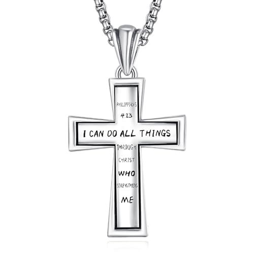 ADMETUS Bibelverse Kette Silber 925 Kreuz Kette mit Bibel Spruch Philippians 4 13 Kette Halskette Kreuz Anhänger Schmuck Geschenke für Herren von ADMETUS