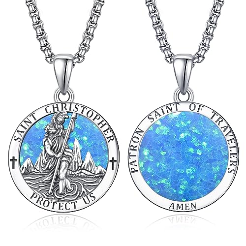 ADMETUS Blau Opal Heiliger Christophorus Kette Anhänger Sterling Silber St Christopherus Kette Herren Blau Opal St Christopher Halskette Schmuck Religiöser Geschenke von ADMETUS