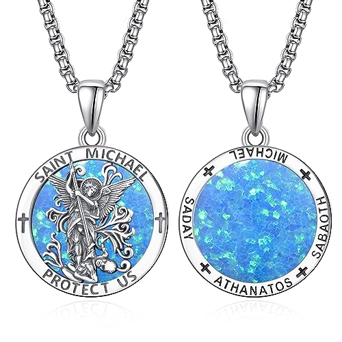 ADMETUS Blau Opal Heiliger Michael Kette Sterling Silber St Michael Kette Blau Opal Saint Michael Anhänge Erzengel Michael Halskette Rund Amulett Schmuck für Herren von ADMETUS