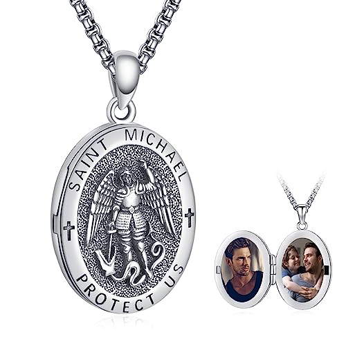 ADMETUS Foto Medaillon Heiliger Michael Kette 925 Sterling Silber Oval St Michael Kette für Foto Bilder Saint Michael Anhänge Erzengel Michael Halskette Schmuck für Herren von ADMETUS