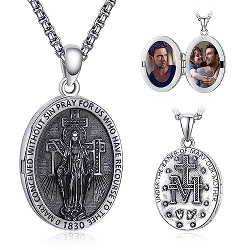 ADMETUS Foto Medaillon Wundertätige Medaille Sterling Silber Jungfrau Maria Kette Foto Heilige Maria Medaille Anhänger Schutz Schmuck Religiöse Geschenk für Herren von ADMETUS