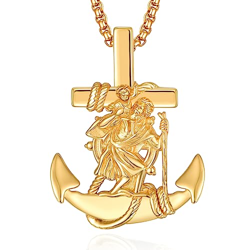Gold Heiliger Christophorus Anker Kette Anhänger 925 Sterling Silber St Christopherus Halskette Kette Gold Anchor Schmuck Religiöser Geschenke für Herren von ADMETUS