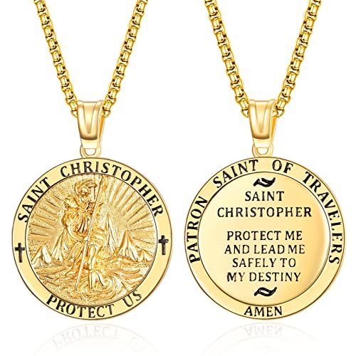 ADMETUS Gold Heiliger Christophorus Kette Anhänger Sterling Silber St Christopherus Kette Herren St Christopher Halskette Rund Amulett Schmuck Religiöser Geschenke von ADMETUS
