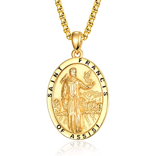 Gold Heiliger Franziskus Anhänger Halskette 925 Sterling Silber Franziskus von Assisi - Medaillen der Schutzheiligen Schutz Schmuck Religiöse Geschenk für Herren von ADMETUS