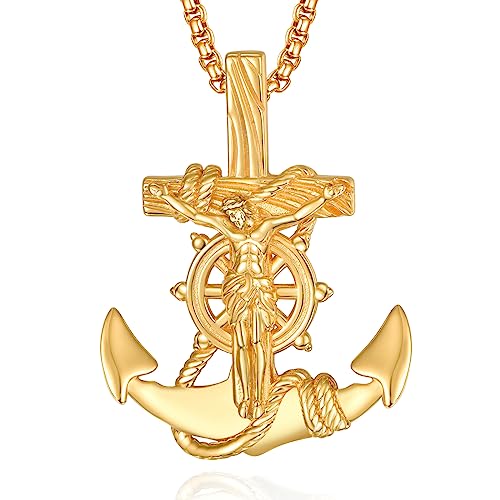 ADMETUS Gold Kruzifix Kette Herren 925 Sterling Silber Anker Kettenanhänger Halskette Männer Gold Jesus Anker Kette Anhänger Anchor Schmuck für Herren von ADMETUS