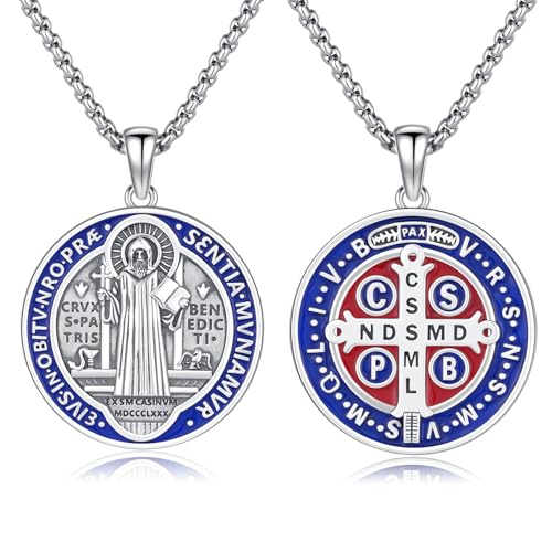 ADMETUS Heiliger Benedikt Anhänger Silber 925 San Benito Medallion Blaue Heiliger Benedikt Medaille Blaue St. Benedikt Kette Halskette Schmuck Geschenk für Herren von ADMETUS