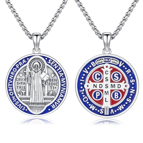Heiliger Benedikt Anhänger Silber 925 San Benito Medallion Blaue Heiliger Benedikt Medaille Blaue St. Benedikt Kette Halskette Schmuck Geschenk für Herren von ADMETUS