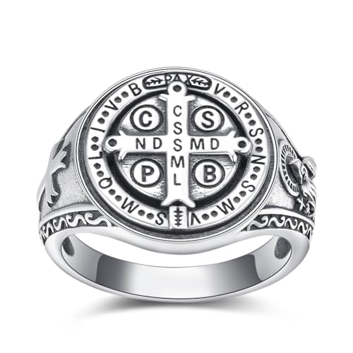 ADMETUS Heiliger Benedikt Ring Silber 925 San Benito Medallion St. Benedict Ringe Schutz Schmuck Religiöse Geschenk für Herren Ringgröße 63 von ADMETUS