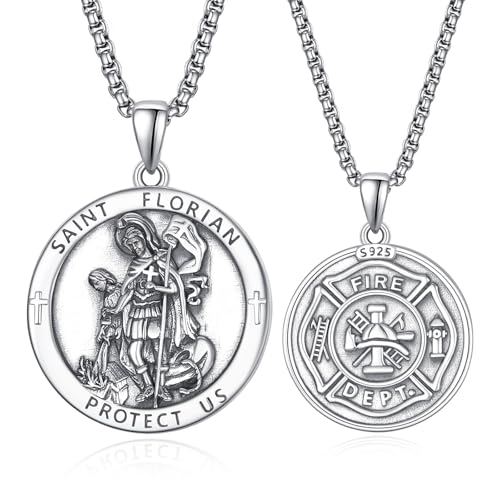 Heiliger Florian Kette Silber 925 St. Florian Feuerwehr Anhänger Saint Florian Halskette St Heiliger Florian Feuerwehr Anhänger Kette Medaille für Herren von ADMETUS