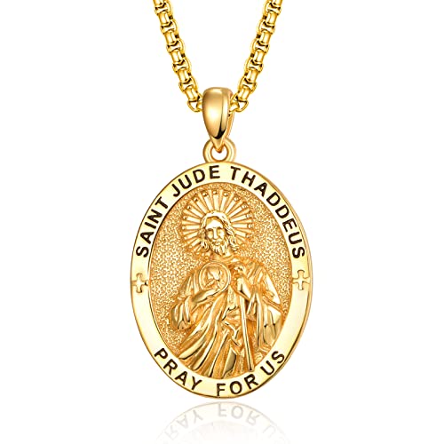 ADMETUS Heiliger Judas Anhänger 925 Sterling Silber Gold Oval Heiliger Judas Thaddäus Kette St. Jude Medaille Anhänger Halskette Schutz Schmuck Religiöse Geschenk für Herren von ADMETUS