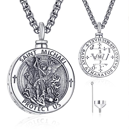 Heiliger Michael Urnenketten für Asche 925 Sterling Silber Rund Heiliger Michael Kette Urnen Kette für Asche Erzengel Michael Anhänge Schmuck für Herren von ADMETUS
