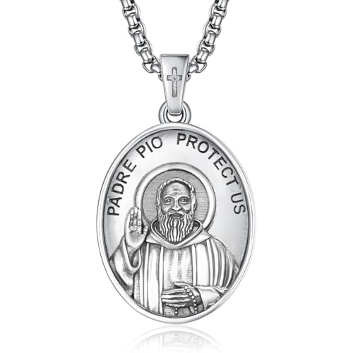 Heiliger Pater Pio Anhänger Silber 925 Heilige Pater Pio Kette Halskette Medaille Amulett Schmuck Religiöser Geschenke für Herren von ADMETUS
