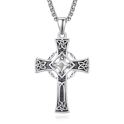 ADMETUS Keltisches Kreuz Anhänger Sterling Silber April Geburtsstein Halskette Keltischer Kreuz Kette mit Geburtsstein Kreuz Schmuck Geschenke für Herren von ADMETUS