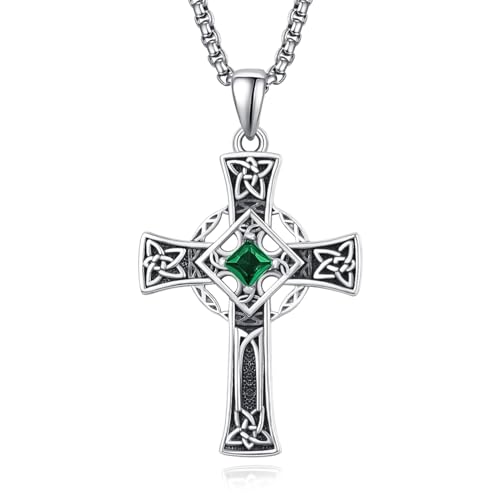 ADMETUS Keltisches Kreuz Anhänger Sterling Silber Mai Geburtsstein Halskette Keltischer Kreuz Kette mit Geburtsstein Kreuz Schmuck Geschenke für Herren von ADMETUS