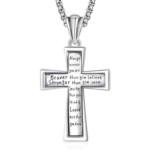 Kreuz Kette Sterling Silber Halskette mit Anhänger aus Sterlingsilber mit Aufschrift Always Remember You are Braver Than You Believe Inspirierendes Geschenk von ADMETUS