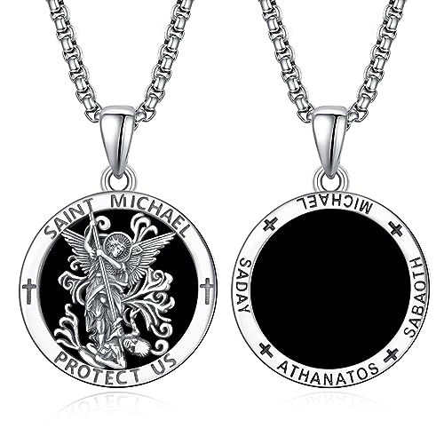 Onyx Heiliger Michael Kette Sterling Silber St Michael Kette Onyx Saint Michael Anhänge Erzengel Michael Halskette Rund Amulett Schmuck für Herren von ADMETUS
