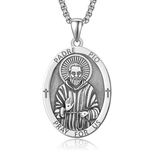 ADMETUS Padre Pio Medaille Sterling Silber Heilige Padre Pio Halskette Saint Padre Pio Anhänger Schmuck Medalla de Padre Pio Religiöse Geschenke für Herren von ADMETUS