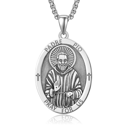 Padre Pio Medaille Sterling Silber Heilige Padre Pio Halskette Saint Padre Pio Anhänger Schmuck Medalla de Padre Pio Religiöse Geschenke für Herren von ADMETUS
