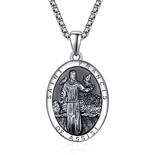 ADMETUS Heiliger Franziskus Anhänger Halskette 925 Sterling Silber Franziskus von Assisi - Medaillen der Schutzheiligen Schutz Schmuck Religiöse Geschenk für Herren von ADMETUS