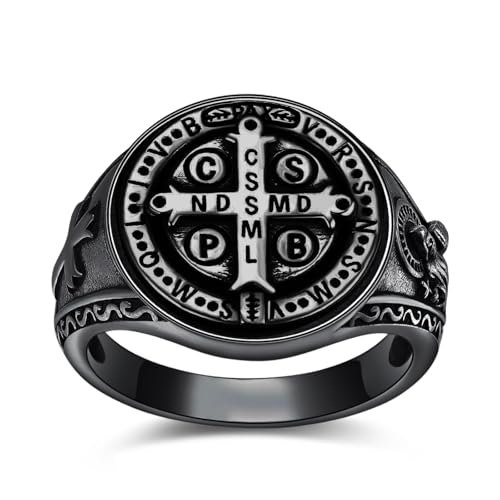 ADMETUS Schwarze Heiliger Benedikt Ring Silber 925 San Benito Medallion St. Benedict Ringe Schutz Schmuck Religiöse Geschenk für Herren Ringgröße 52 von ADMETUS