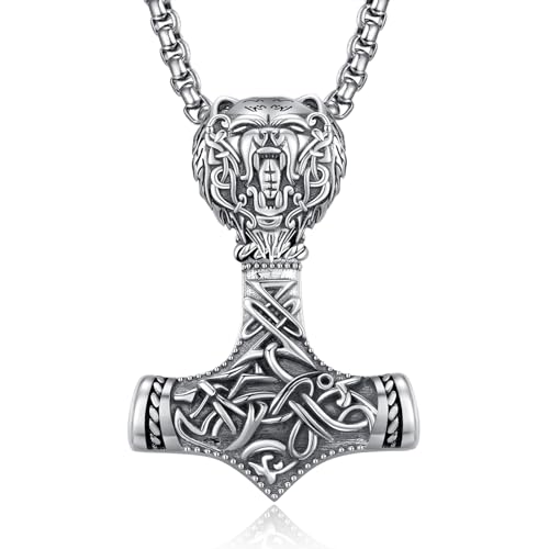 ADMETUS Thor Hammer Kette Silber 925 Mjölnir Kette Herren Wikinger Thors Hammer Halskette mit Bär Kette Bären Anhänger Halskette Wikinger Geschenke für Herren von ADMETUS