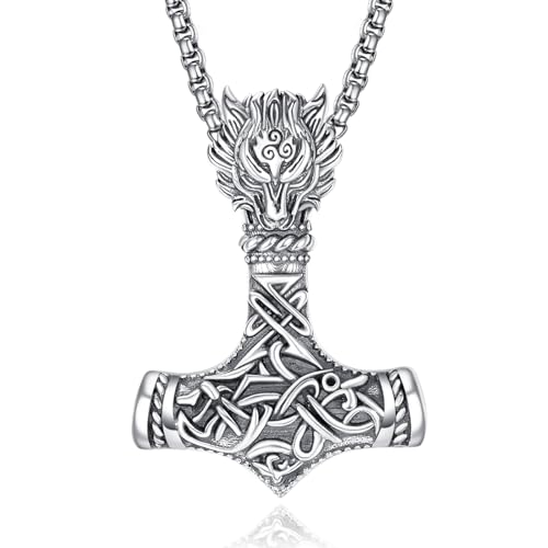 ADMETUS Thor Hammer Kette Silber 925 Mjölnir Kette Herren Wikinger Thors Hammer Halskette mit Wolf Kette Wolf Anhänger Halskette Wikinger Geschenke für Herren von ADMETUS