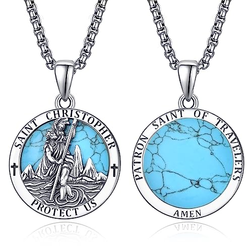 ADMETUS Türkis Heiliger Christophorus Kette Anhänger Sterling Silber St Christopherus Kette Herren Türkis St Christopher Halskette Schmuck Religiöser Geschenke von ADMETUS