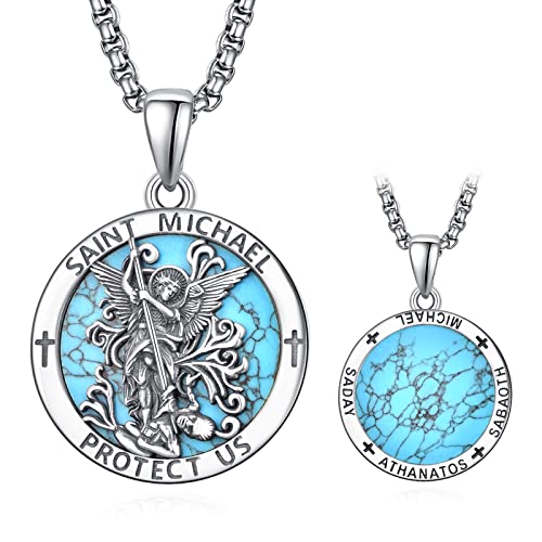 Türkis Heiliger Michael Kette Sterling Silber St Michael Kette Türkis Saint Michael Anhänge Erzengel Michael Halskette Rund Amulett Schmuck für Herren von ADMETUS