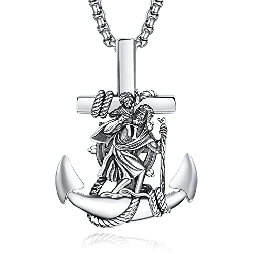 Heiliger Christophorus Kette Anhänger 925 Sterling Silber Anker Kettenanhänger Halskette Männer St Christopherus Kette Anchor Schmuck Religiöser Geschenke für Herren von ADMETUS