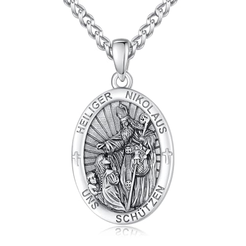 Heiliger Nikolaus Anhänger Kette Halskette Medaille Silber 925 St Nicholas Medal Schutz Schmuck Amulett Kette Katholische Christliche Religiöse Geschenke Männer von ADMETUS