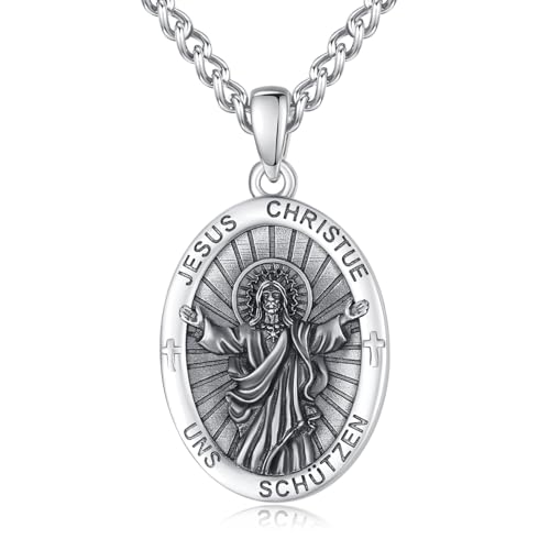 Jesus Christus Anhänger Kette Silber 925 Jesus Anhänger Halskette Medaille Schutz Schmuck Amulett Kette Katholische Christliche Religiöse Geschenke Männer von ADMETUS
