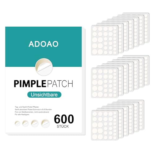 Pickel Pflaster, Hydrokolloid Pimple Patches,Anti Akne-Patch für Gesicht und Körper mit Teebaumöl, Salicylsäure Schnelle Heilung für Große Zit Breakouts an Kinn, Wangen, Rücken (600 Stück) von ADOAO