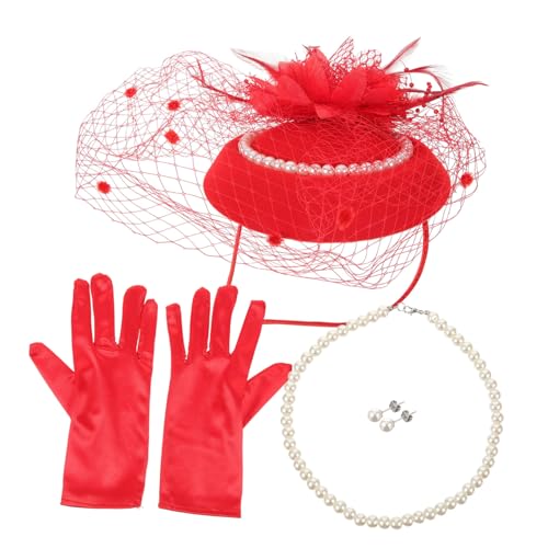 ADOCARN 1 Satz Brautfaszinator Halskette rosa Stirnband Schleier-Mesh-Haarreifen Kappe Ohrring retro styles damenschmucksets Teepartyhut für Frauen Schleier-Mesh-Stirnband Imitationsperlen von ADOCARN
