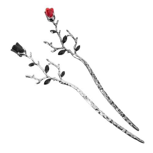 ADOCARN 2st Rosenzweig Haarnadel Stift Haarbürste Netz Kartenhalter-picks Mit Blumenmuster Haarwerkzeug Rose Fürs Haar Haarspangen Für Frauen Rosenhaarstäbchen Für Brötchen Zöpfe Legierung von ADOCARN